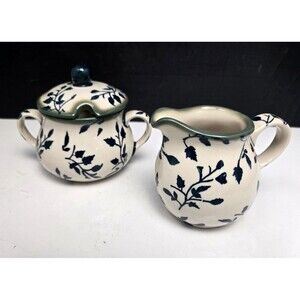 Boleslawiec Polish Pottery Sugar Bowl Creamer Set Lisa Pattern Handmade Signed